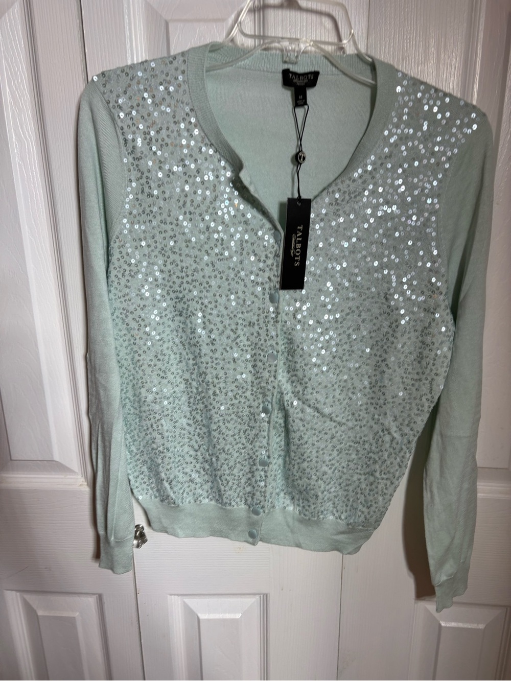 Talbots Mint Sequin Button-Front Cardigan